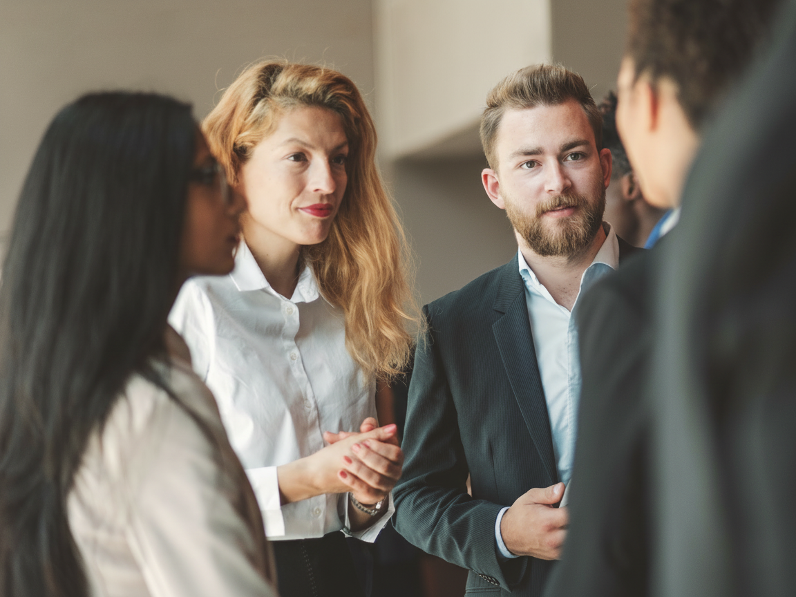 Eine Gruppe von DBI Alumni im intensiven Gespräch am Rande einer Veranstaltung.